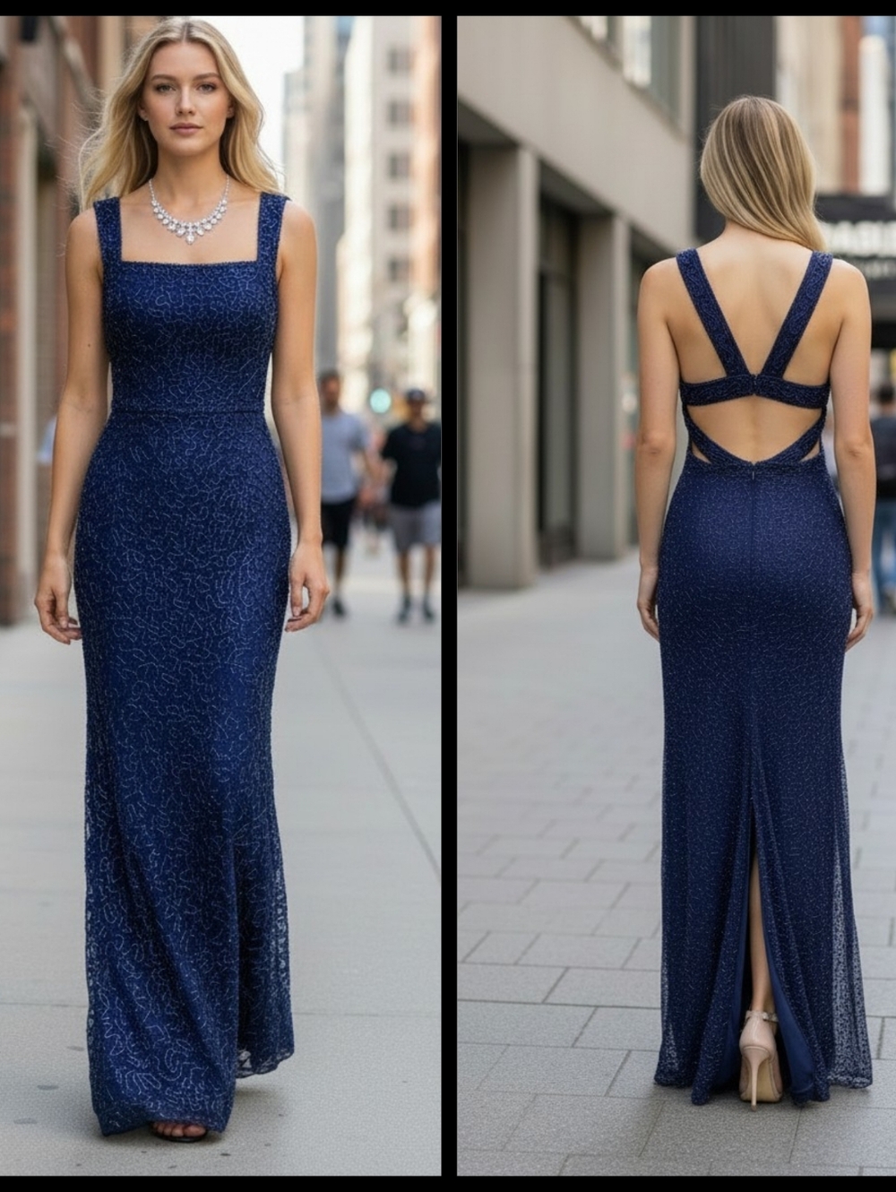 VTG Formal Dress Sz 2 4 Navy Blue Beaded Silk Long Cutouts Square Neck